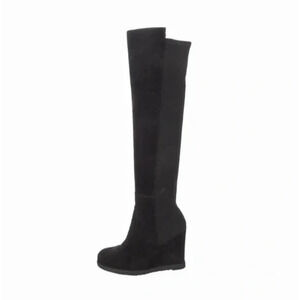 Stuart Weitzman Demiswoon Boot Tall Stretch Back Suede Wedge Round Black…